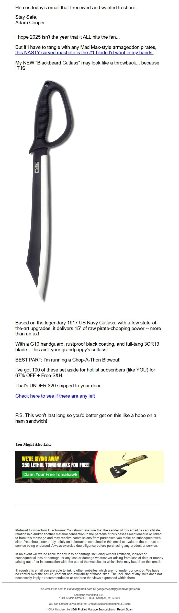 Screenshot of the email generated on import