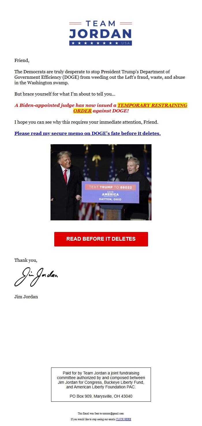 Screenshot of the email generated on import