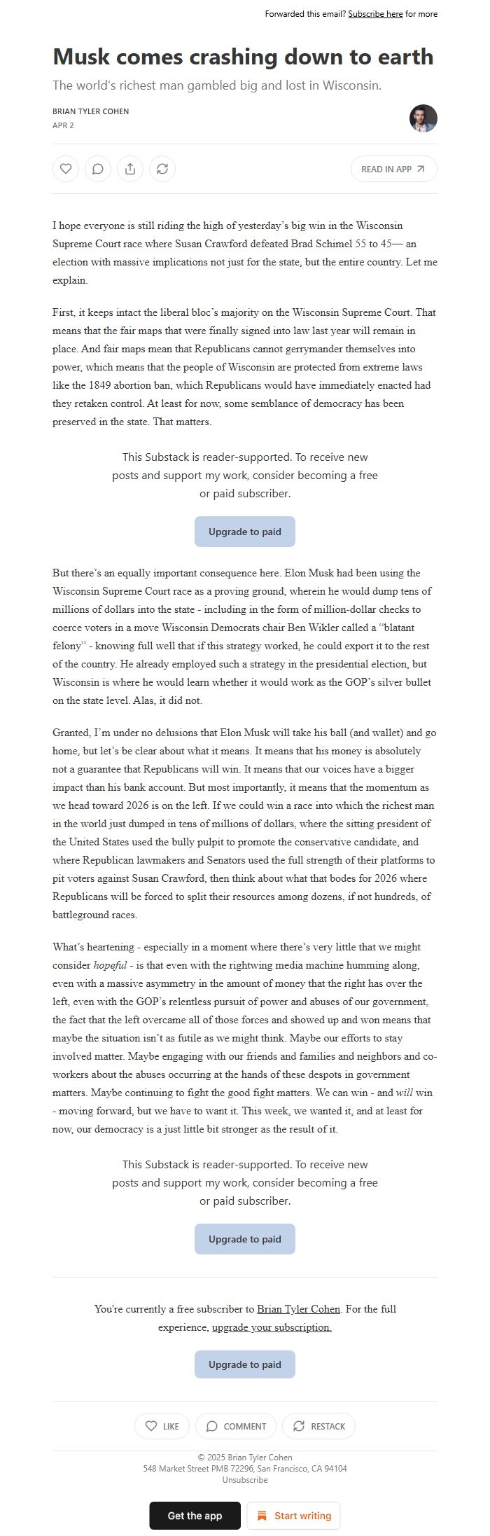 Screenshot of the email generated on import