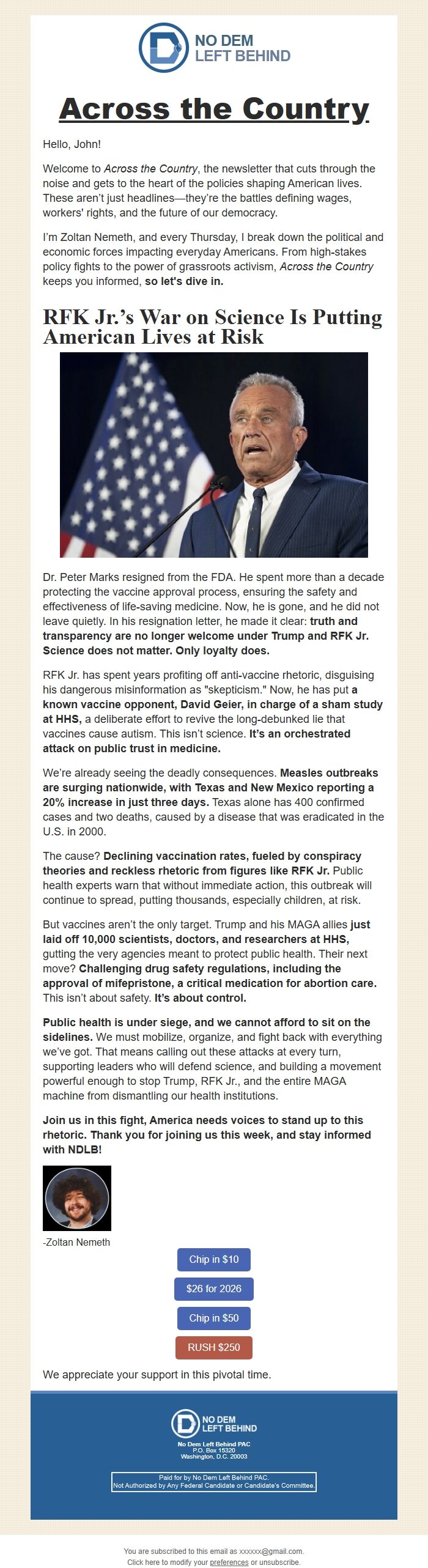 Screenshot of the email generated on import