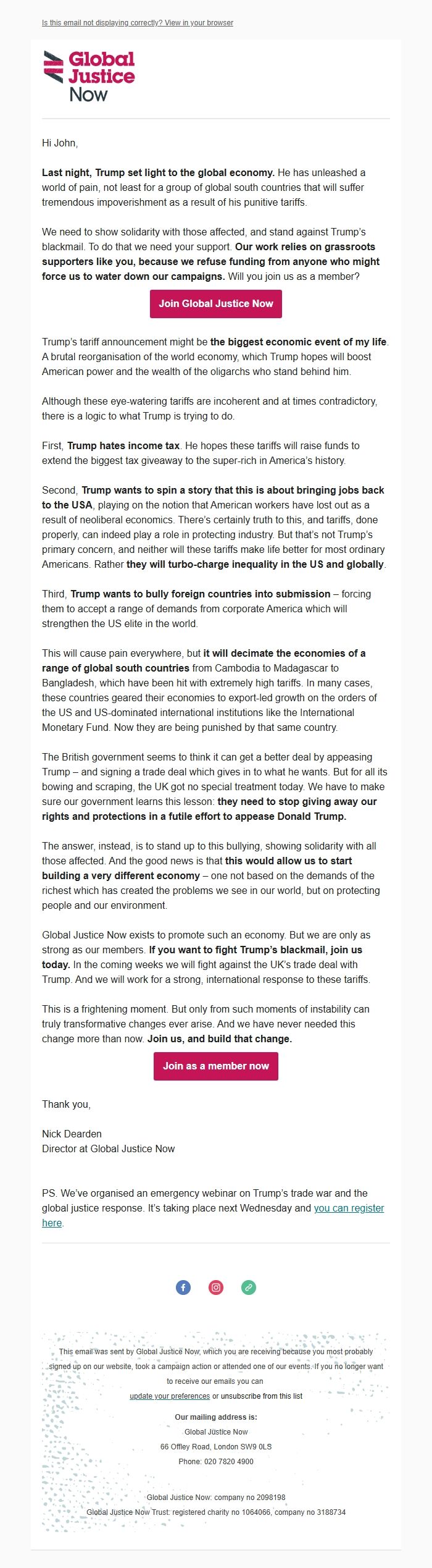 Screenshot of the email generated on import