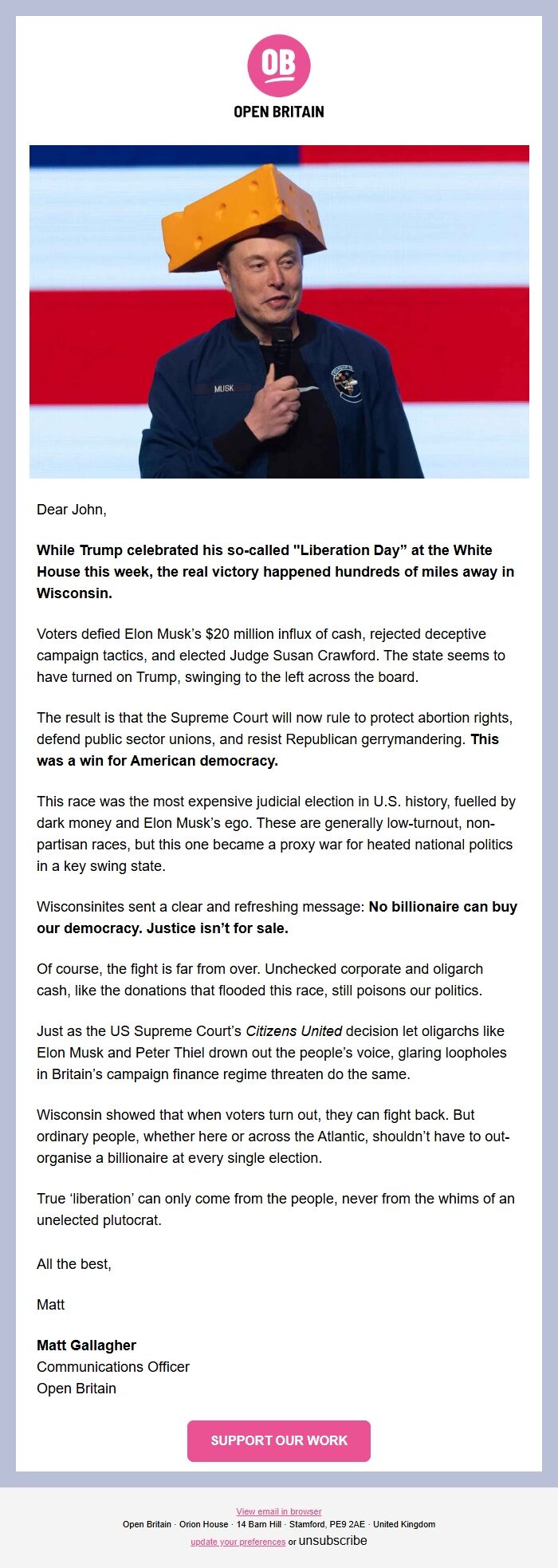 Screenshot of the email generated on import