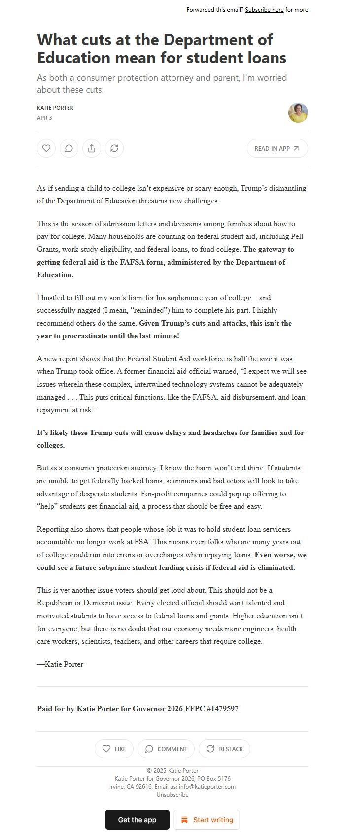 Screenshot of the email generated on import