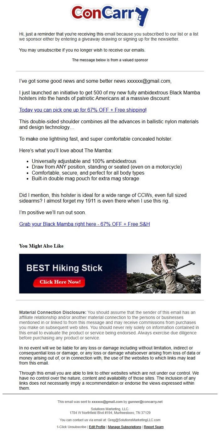 Screenshot of the email generated on import