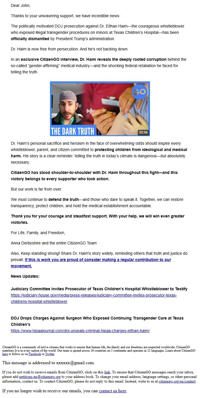 Screenshot of the email generated on import