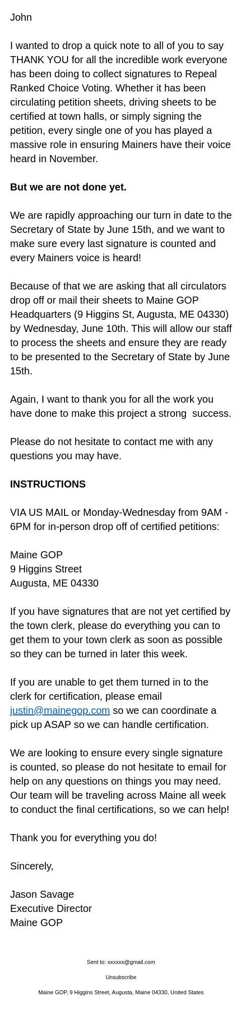 Screenshot of the email generated on import