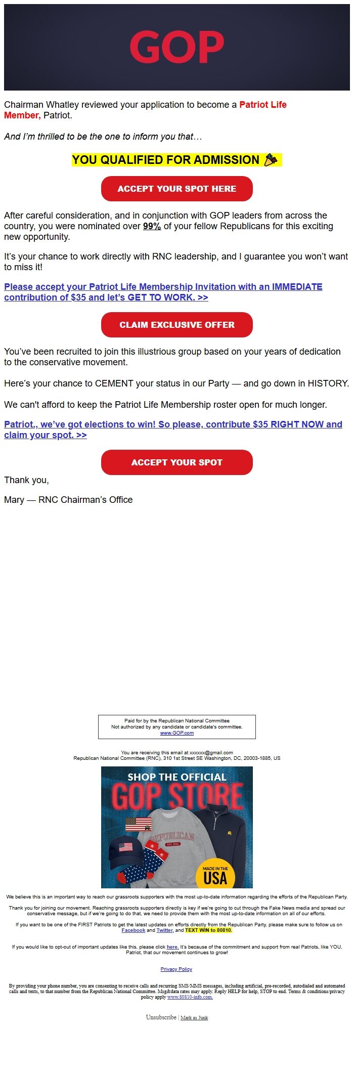 Screenshot of the email generated on import