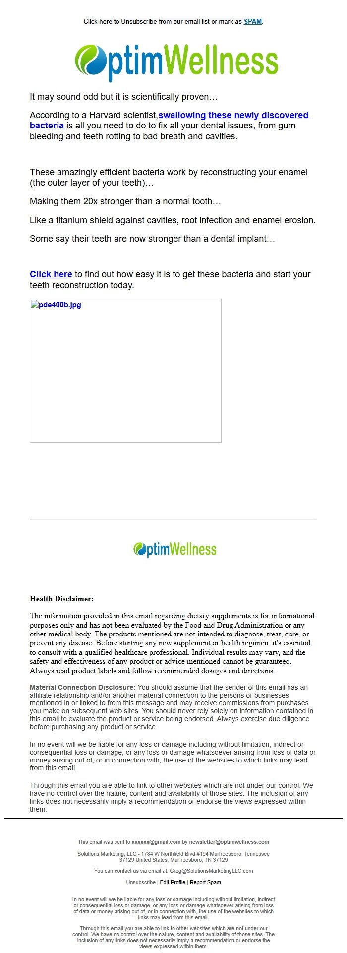Screenshot of the email generated on import