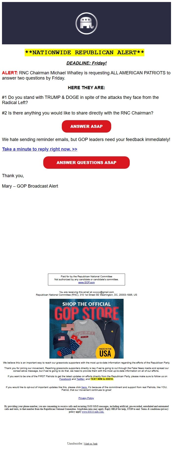 Screenshot of the email generated on import