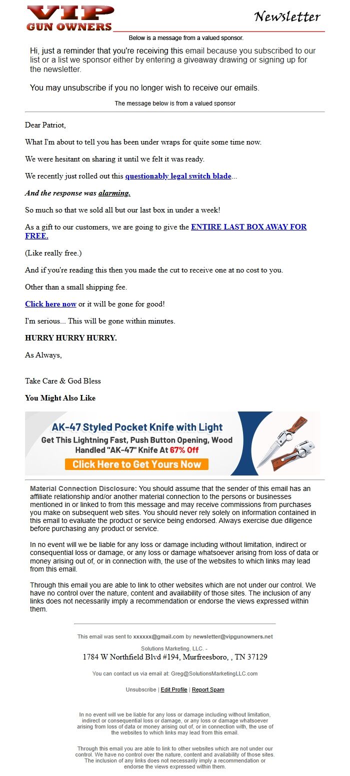 Screenshot of the email generated on import