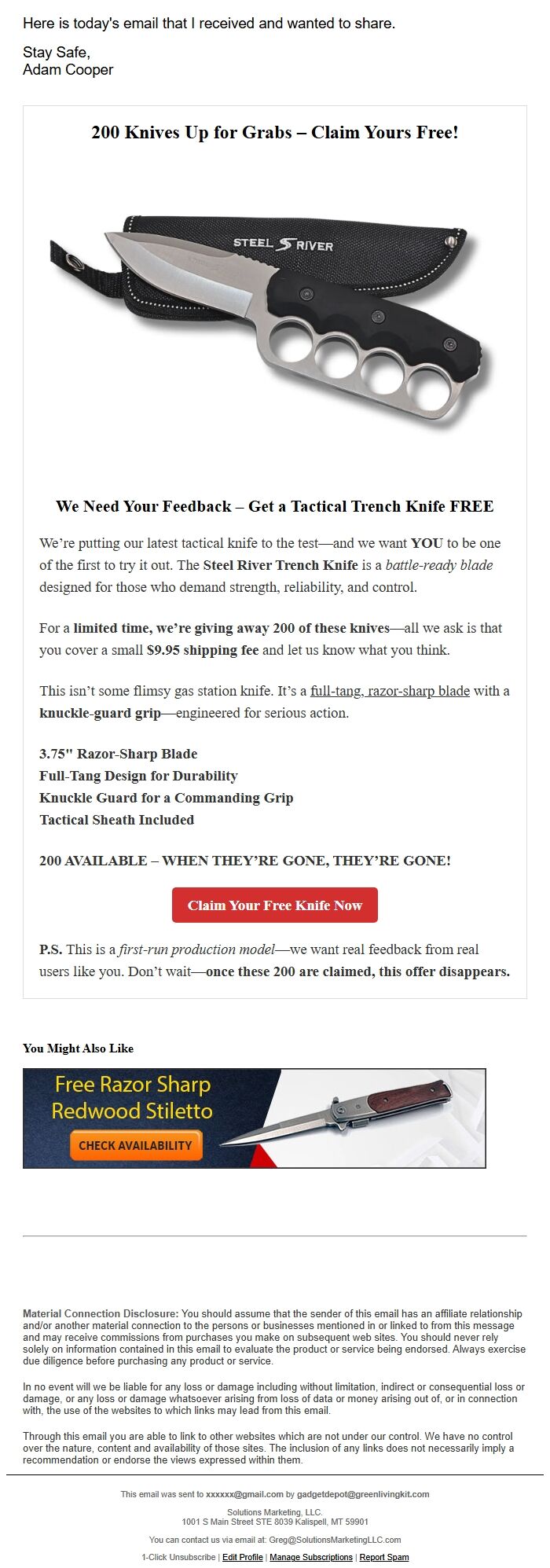 Screenshot of the email generated on import