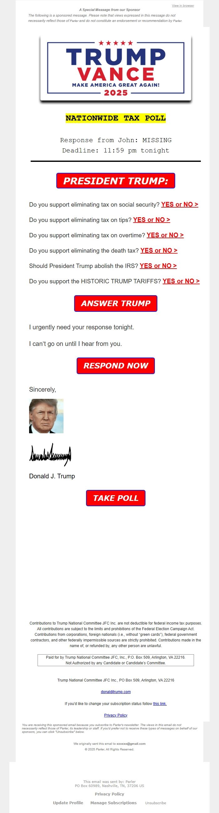 Screenshot of the email generated on import