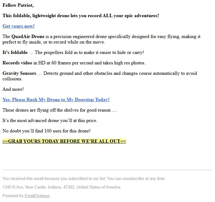 Screenshot of the email generated on import
