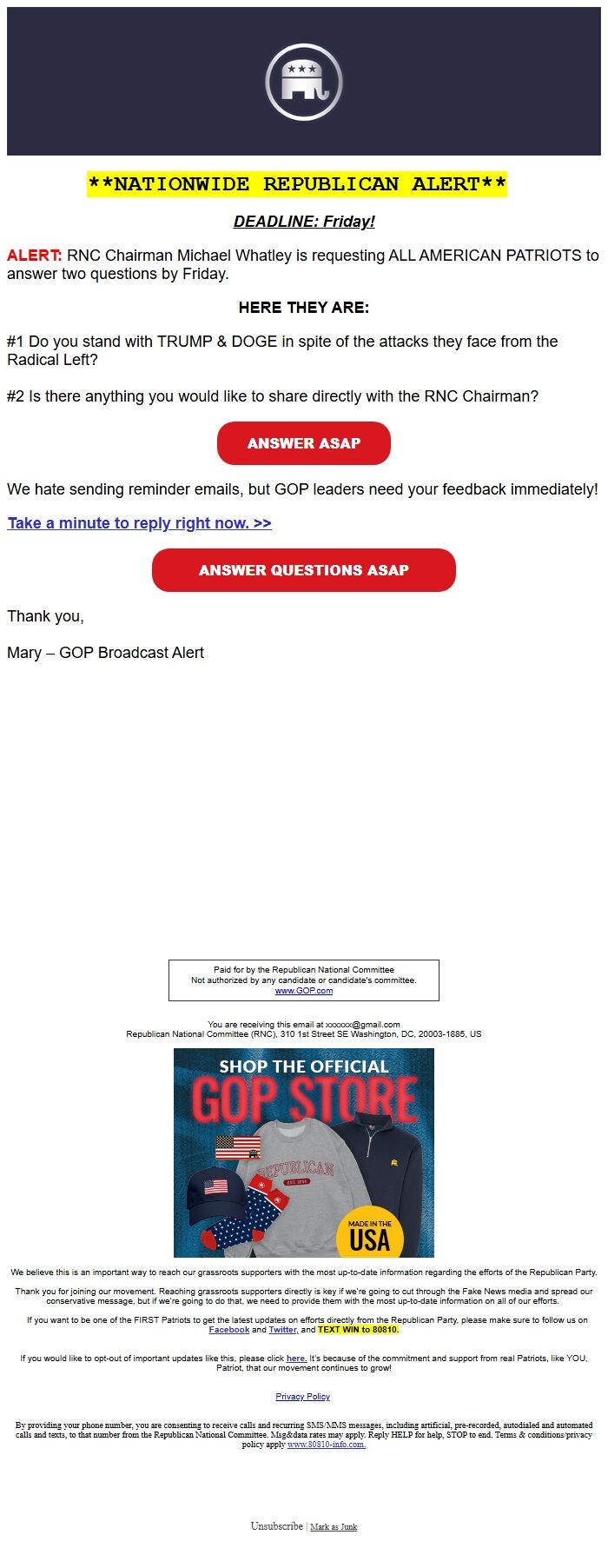 Screenshot of the email generated on import