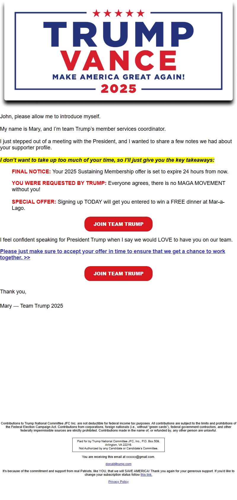 Screenshot of the email generated on import