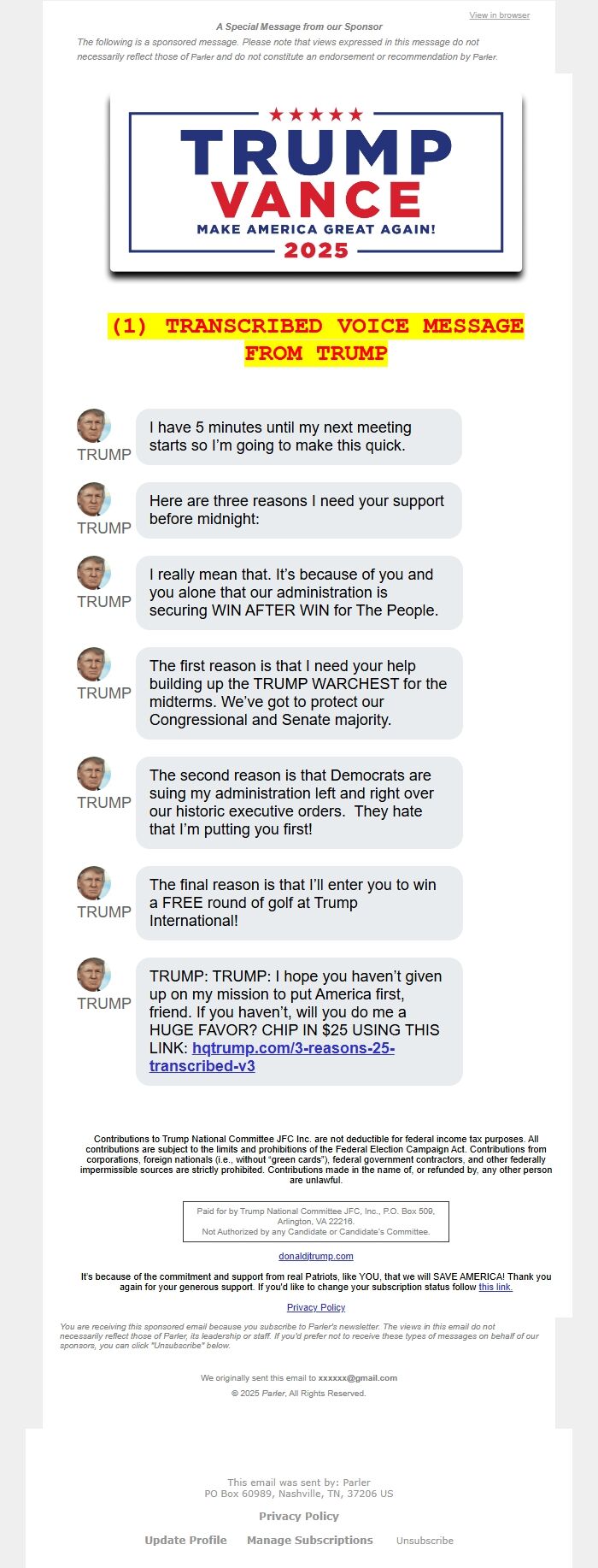 Screenshot of the email generated on import