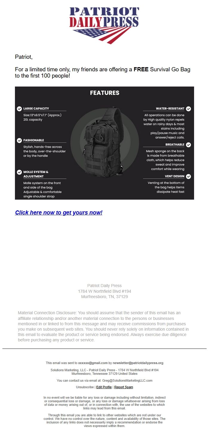 Screenshot of the email generated on import
