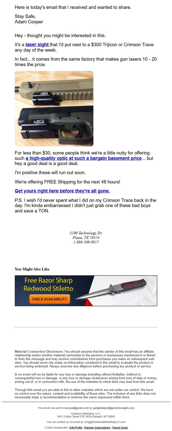 Screenshot of the email generated on import