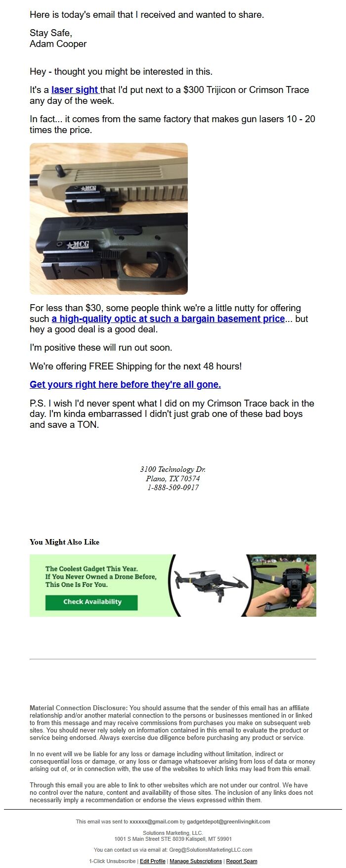 Screenshot of the email generated on import