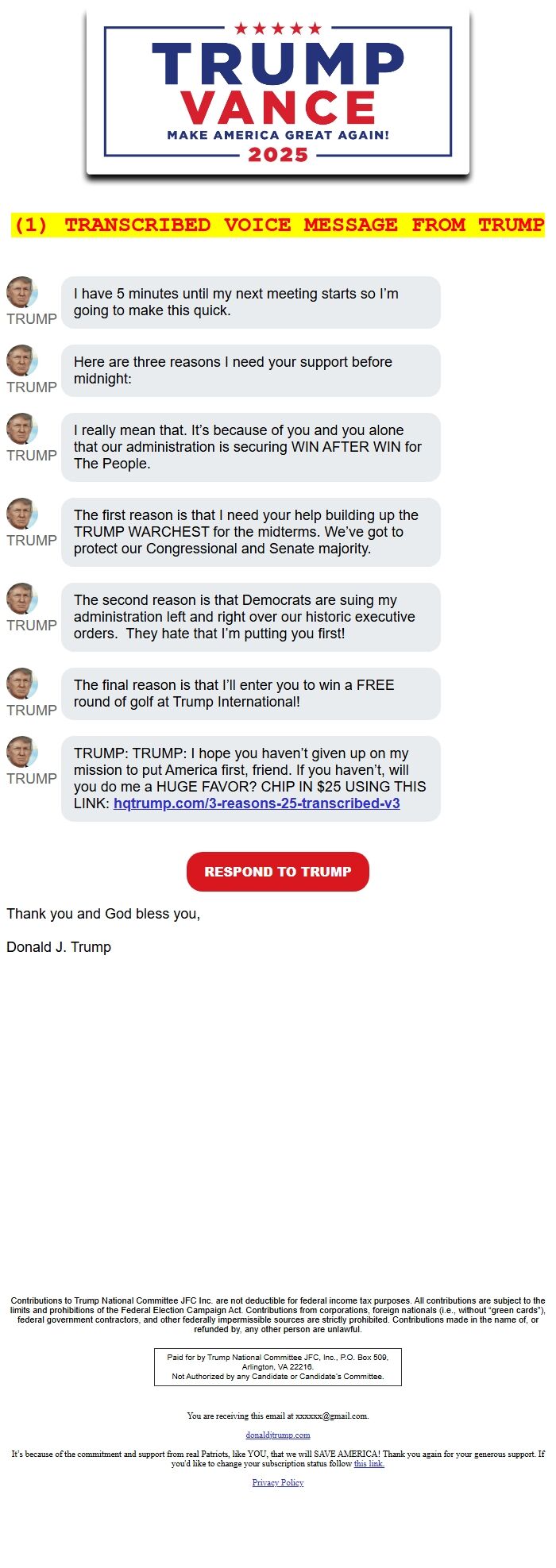 Screenshot of the email generated on import