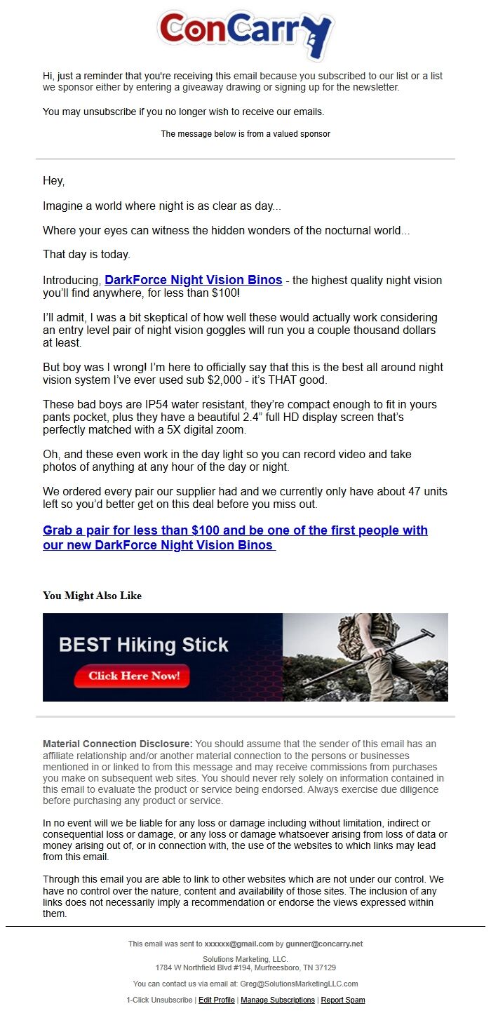 Screenshot of the email generated on import
