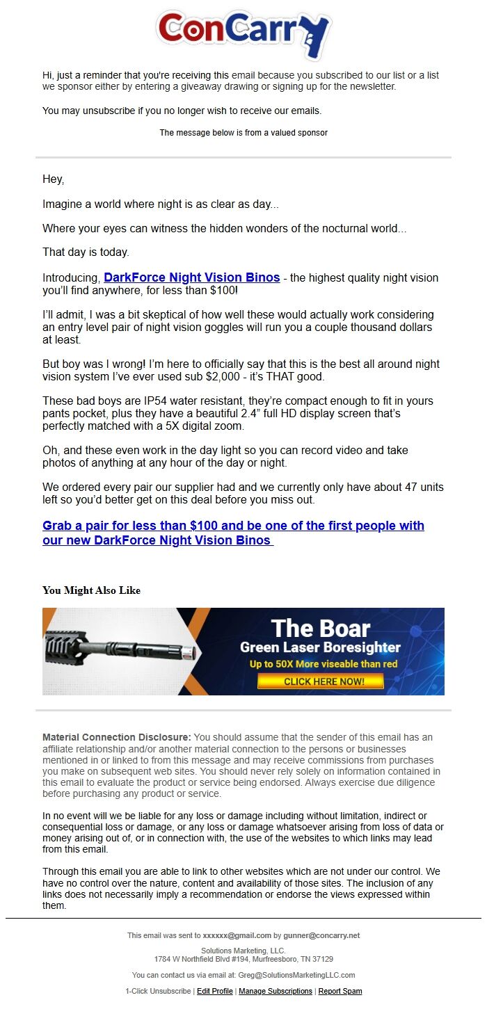 Screenshot of the email generated on import
