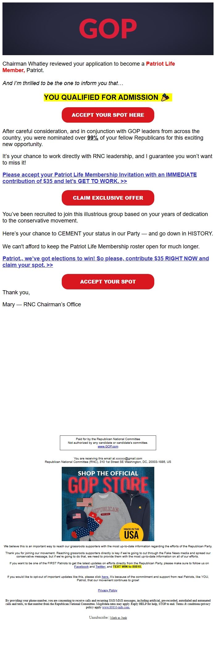 Screenshot of the email generated on import