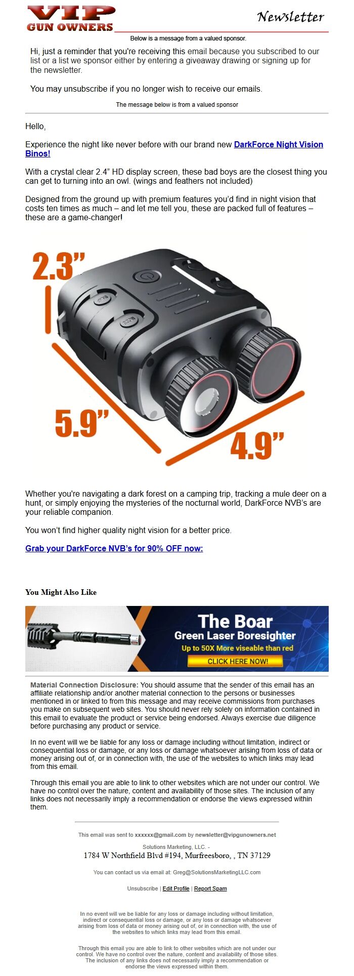 Screenshot of the email generated on import