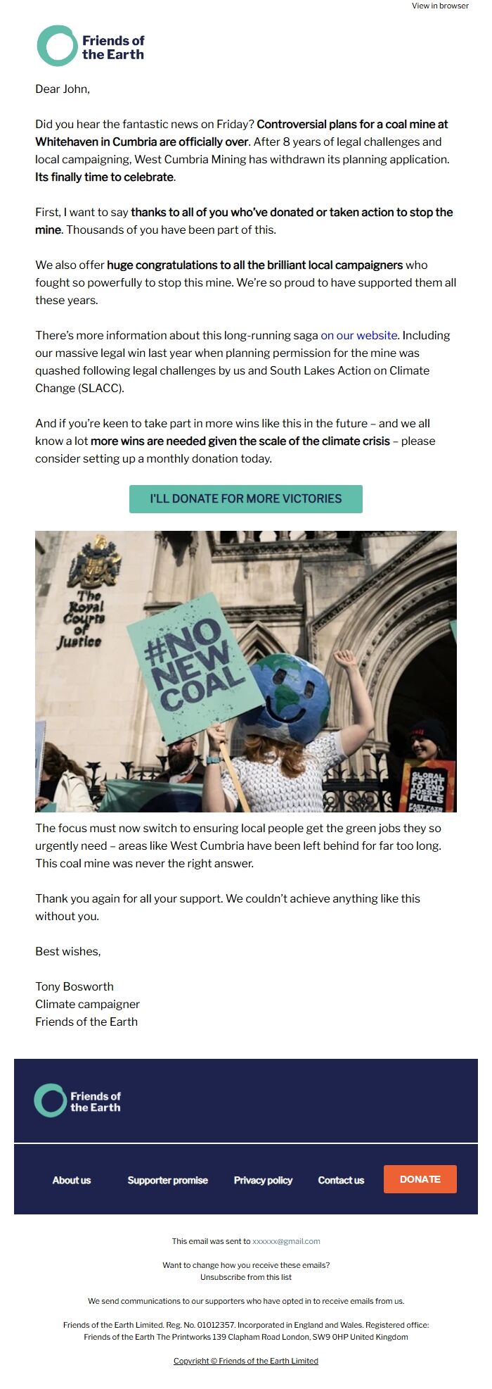 Screenshot of the email generated on import