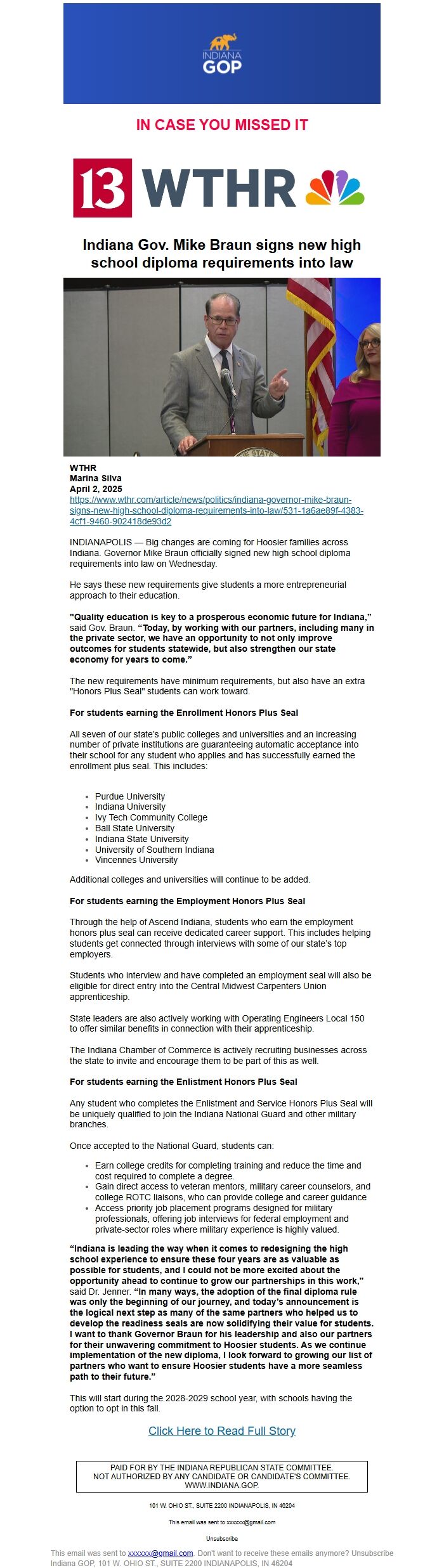 Screenshot of the email generated on import