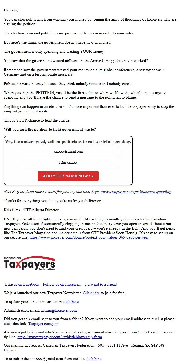 Screenshot of the email generated on import