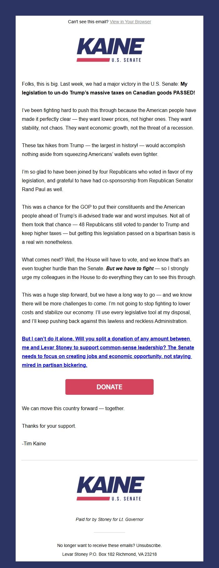 Screenshot of the email generated on import