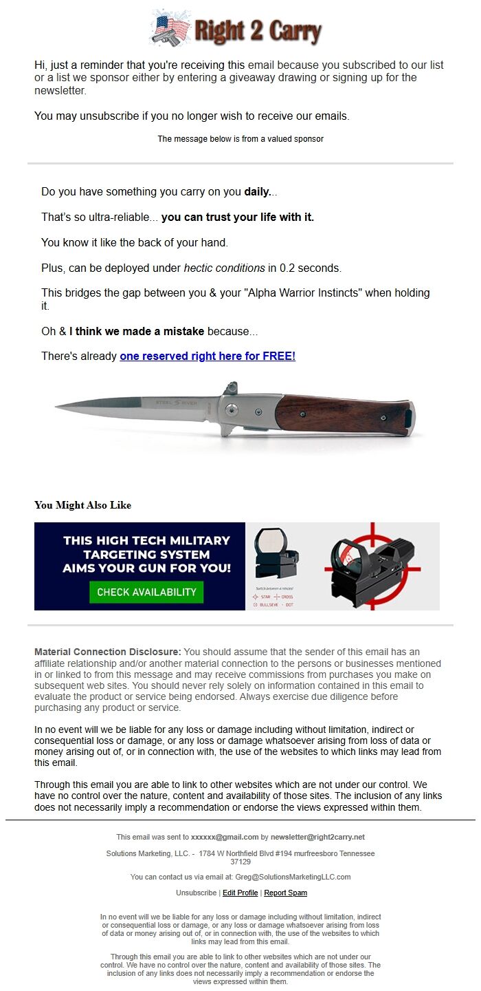 Screenshot of the email generated on import