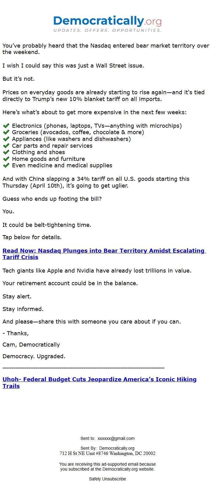 Screenshot of the email generated on import