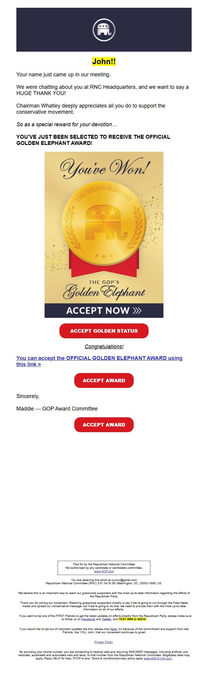 Screenshot of the email generated on import