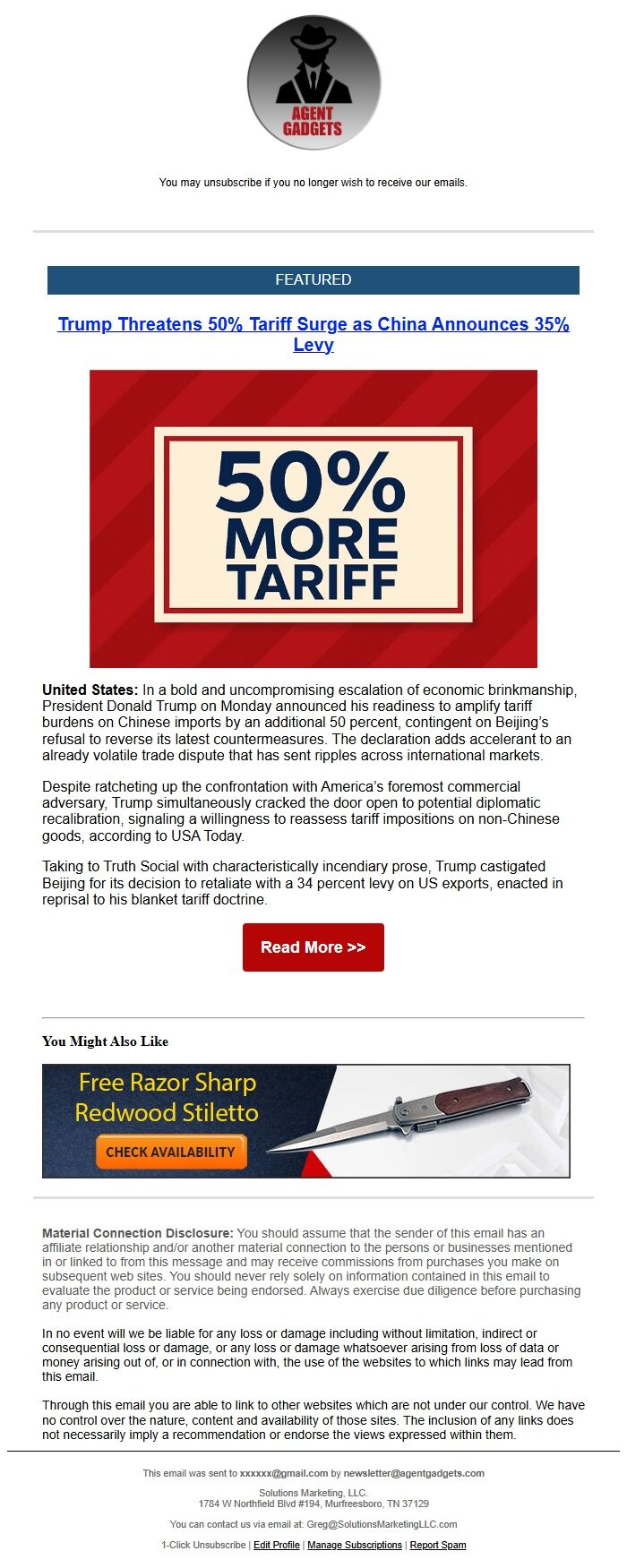 Screenshot of the email generated on import