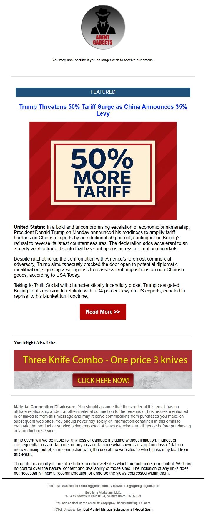 Screenshot of the email generated on import