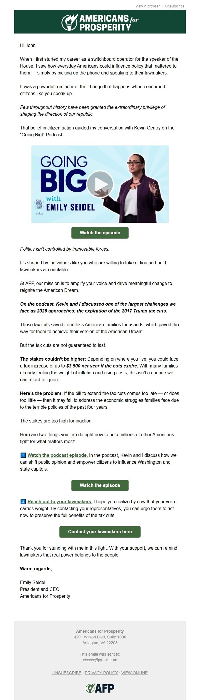 Screenshot of the email generated on import