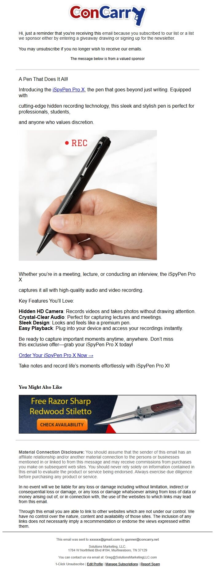 Screenshot of the email generated on import