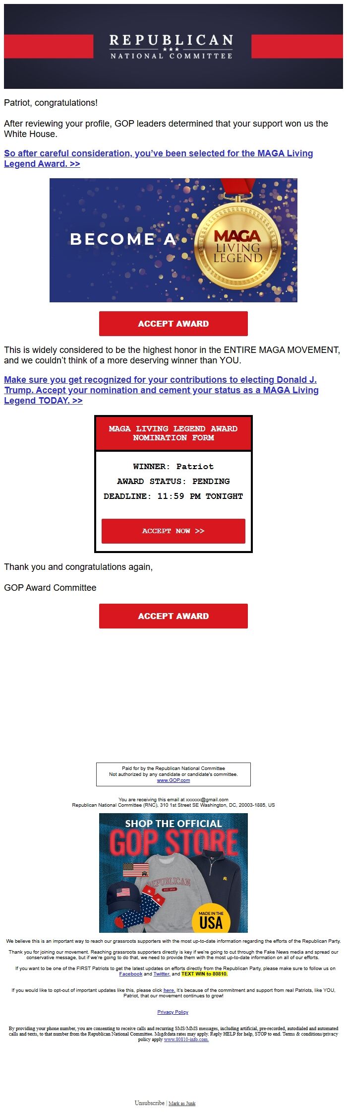 Screenshot of the email generated on import