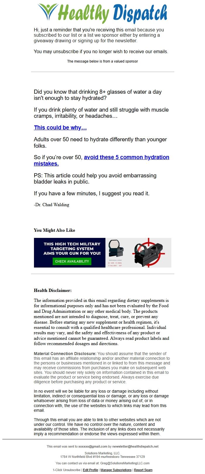 Screenshot of the email generated on import