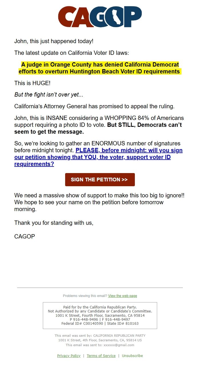 Screenshot of the email generated on import