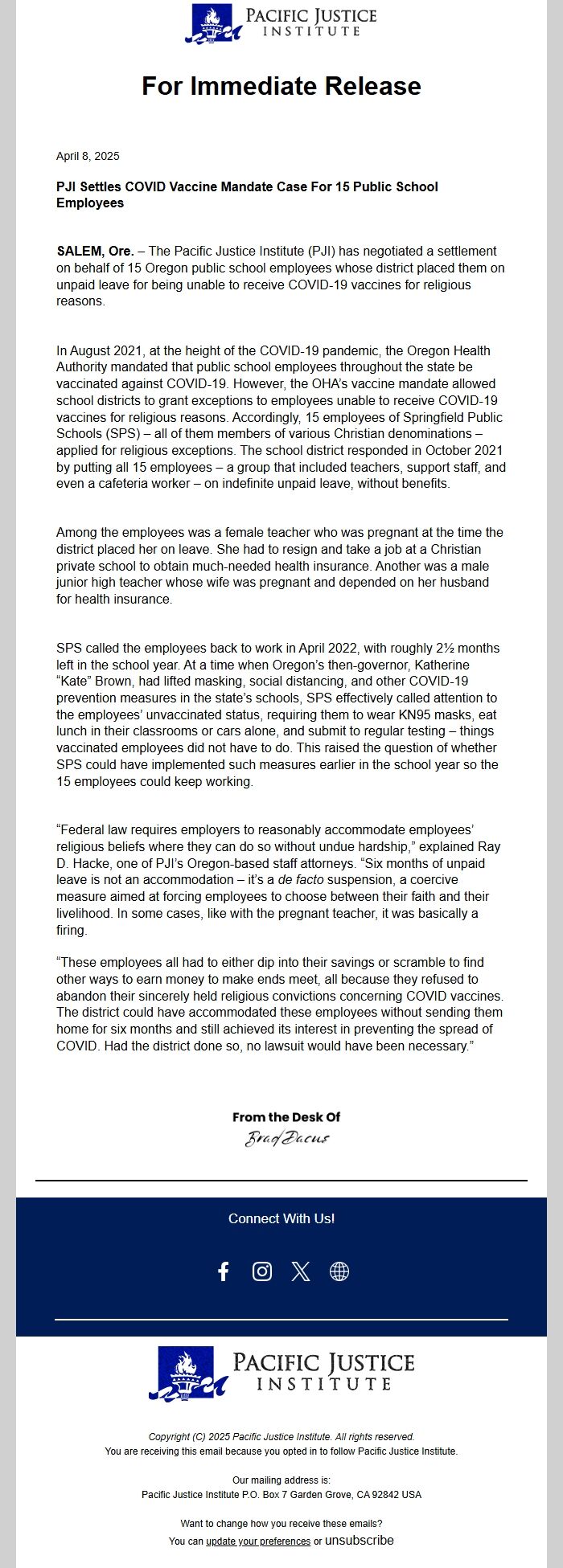Screenshot of the email generated on import