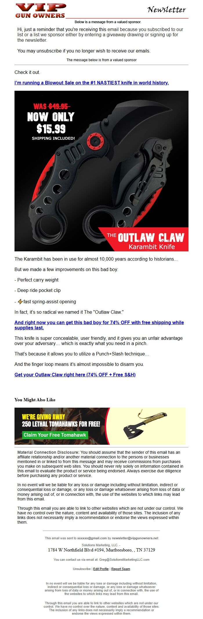 Screenshot of the email generated on import