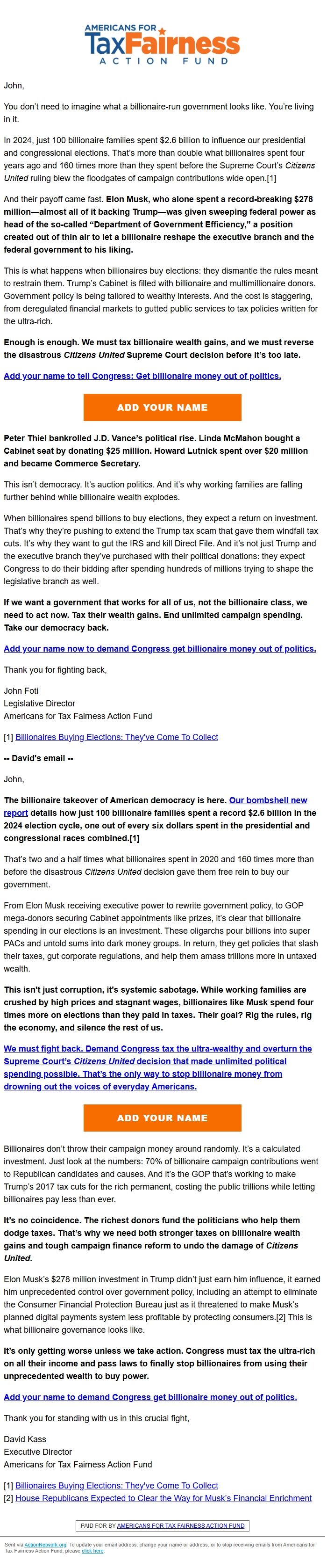 Screenshot of the email generated on import