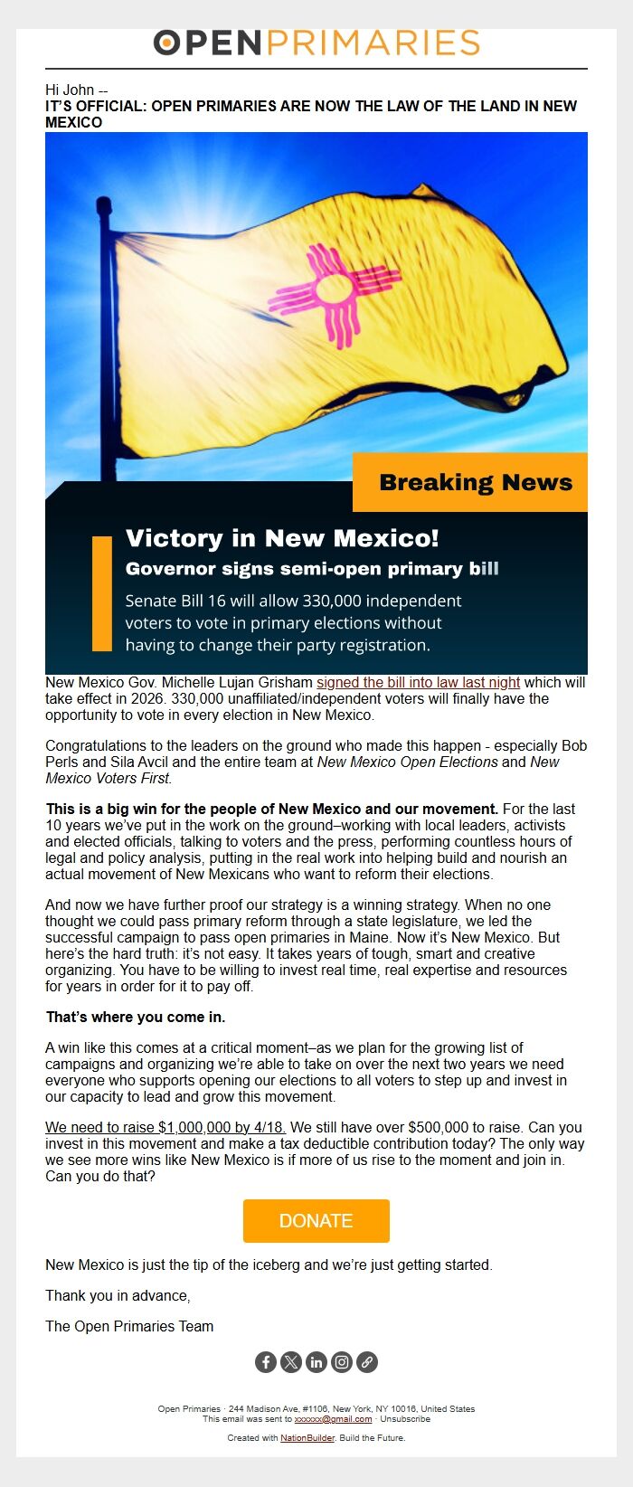Screenshot of the email generated on import