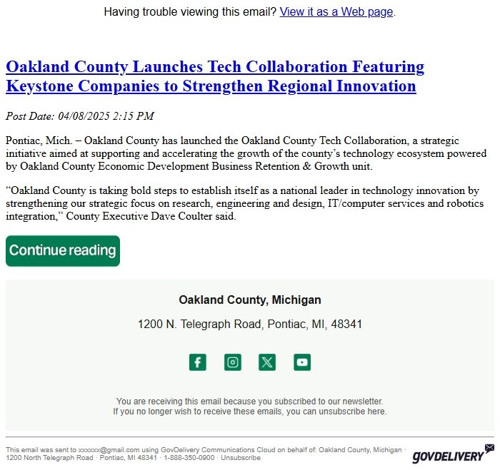 Screenshot of the email generated on import