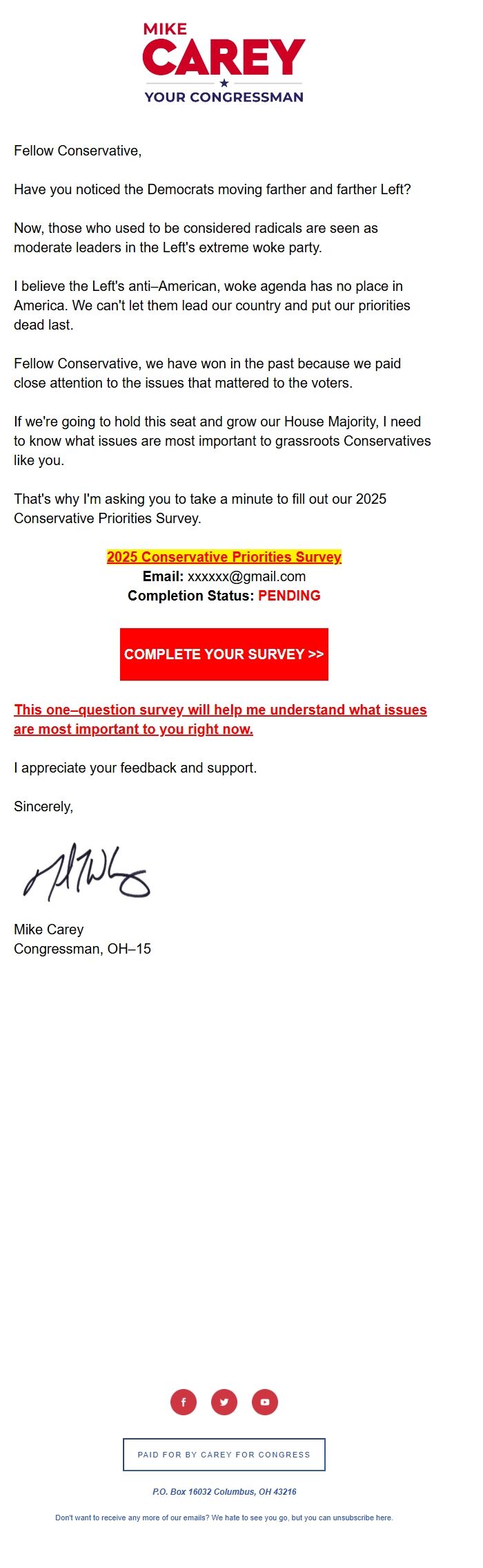 Screenshot of the email generated on import