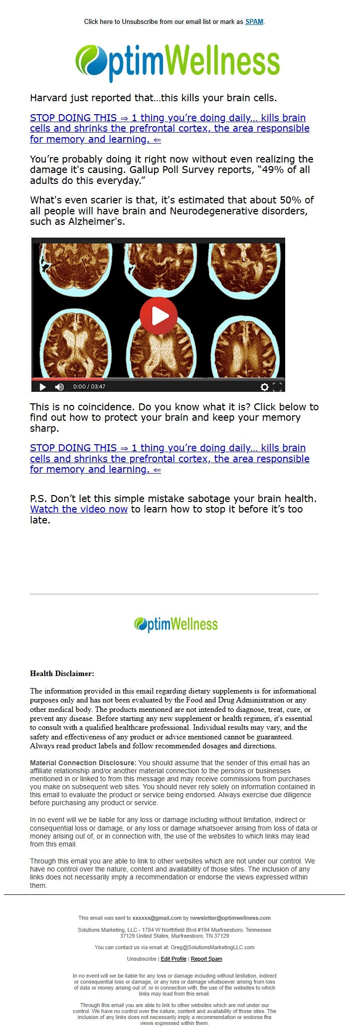Screenshot of the email generated on import