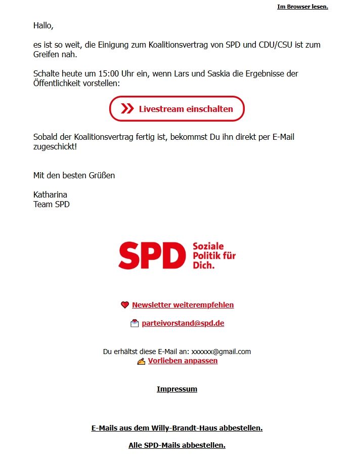 Screenshot of the email generated on import